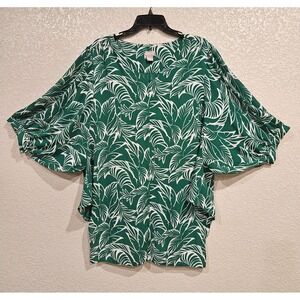Chico's Women Top Green Blouse Tropical Puff Sleeve Front Tie US Size 16/18P